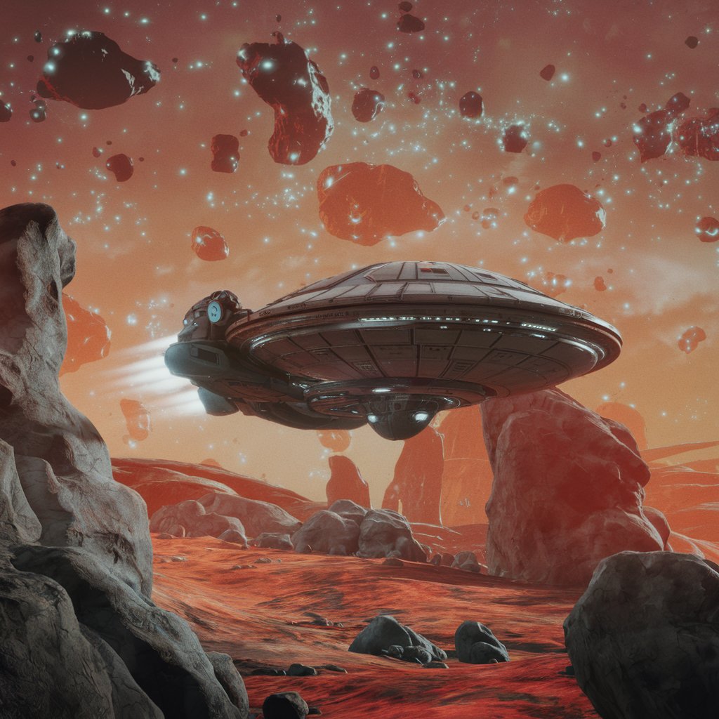 Kategorie fikce, Loď přistává na planetě s orby, jana Eyrová, ilustrační obrázek Kategorie fikce, Loď přistává na planetě s orby, jana Eyrová, ilustrační obrázek