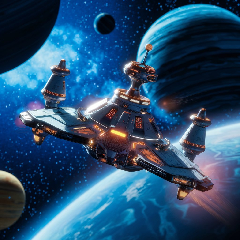 Kategorie fikce, Vesmírná loď letí galaxií s planetami, fikce, ilustrační obrázek Kategorie fikce, Vesmírná loď letí galaxií s planetami, fikce, ilustrační obrázek
