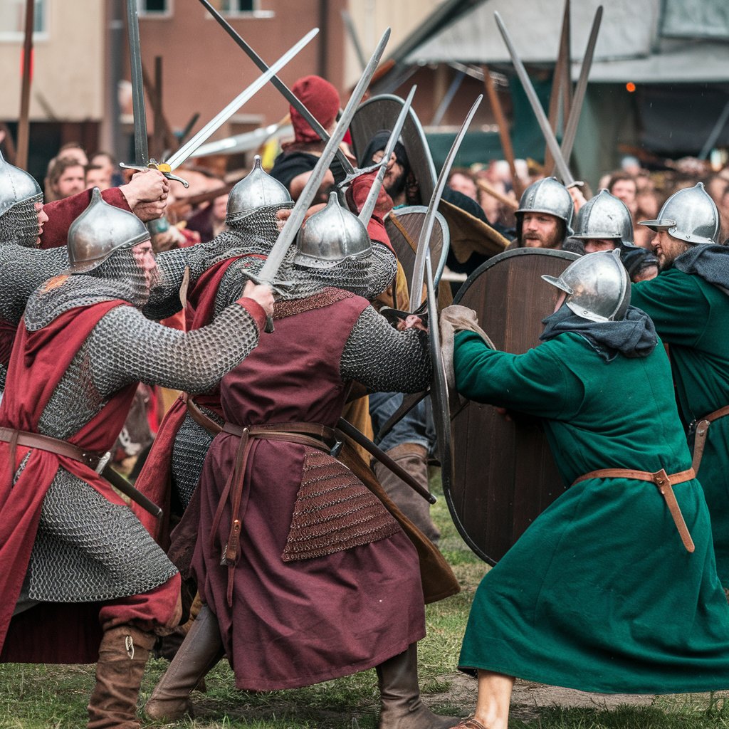 Kategorie historie, Bojovníci bojují proti štítonošům ve městě, iluminátor, ilustrační obrázek Kategorie historie, Bojovníci bojují proti štítonošům ve městě, iluminátor, ilustrační obrázek