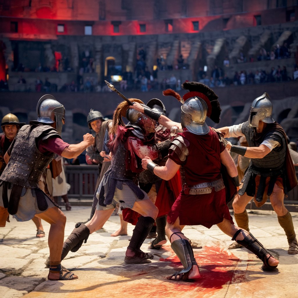 Kategorie historie, Gladiátoři bojují v aréně s krví, sítař, ilustrační obrázek Kategorie historie, Gladiátoři bojují v aréně s krví, sítař, ilustrační obrázek
