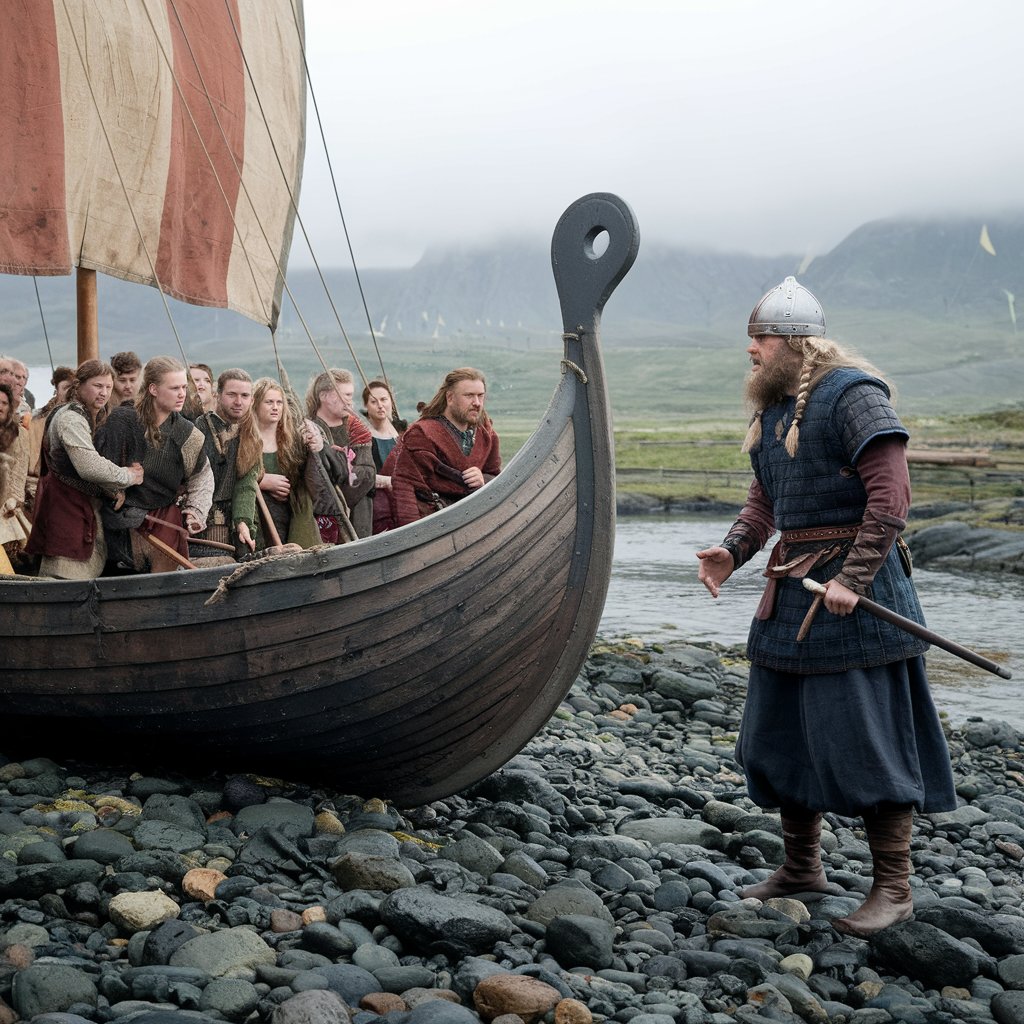 Kategorie historie, Viking mluví k bojovníkům na břehu, historie, ilustrační obrázek Kategorie historie, Viking mluví k bojovníkům na břehu, historie, ilustrační obrázek
