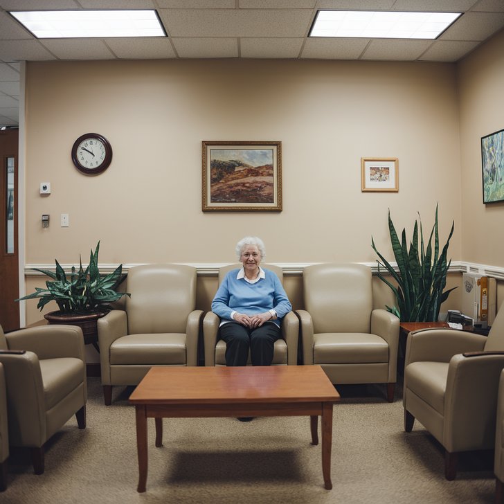 Kategorie l�ka�stv�, Star�� pacientka sed� v �ek�rn�, milan Kubek, ilustra�n� obr�zek