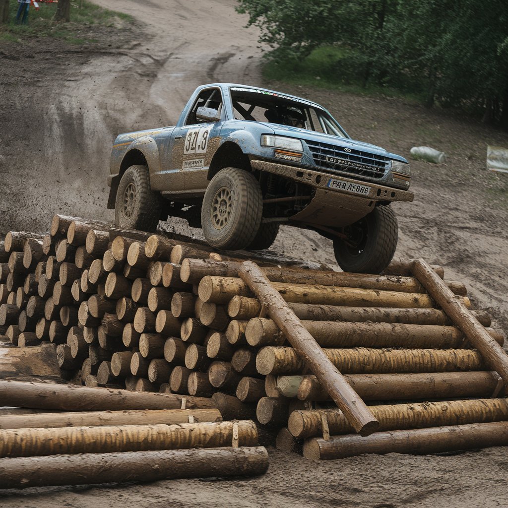 Kategorie sport, Truck trial – automobil jede přes dřevěné klády, dominik Furch, ilustrační obrázek Kategorie sport, Truck trial – automobil jede přes dřevěné klády, dominik Furch, ilustrační obrázek