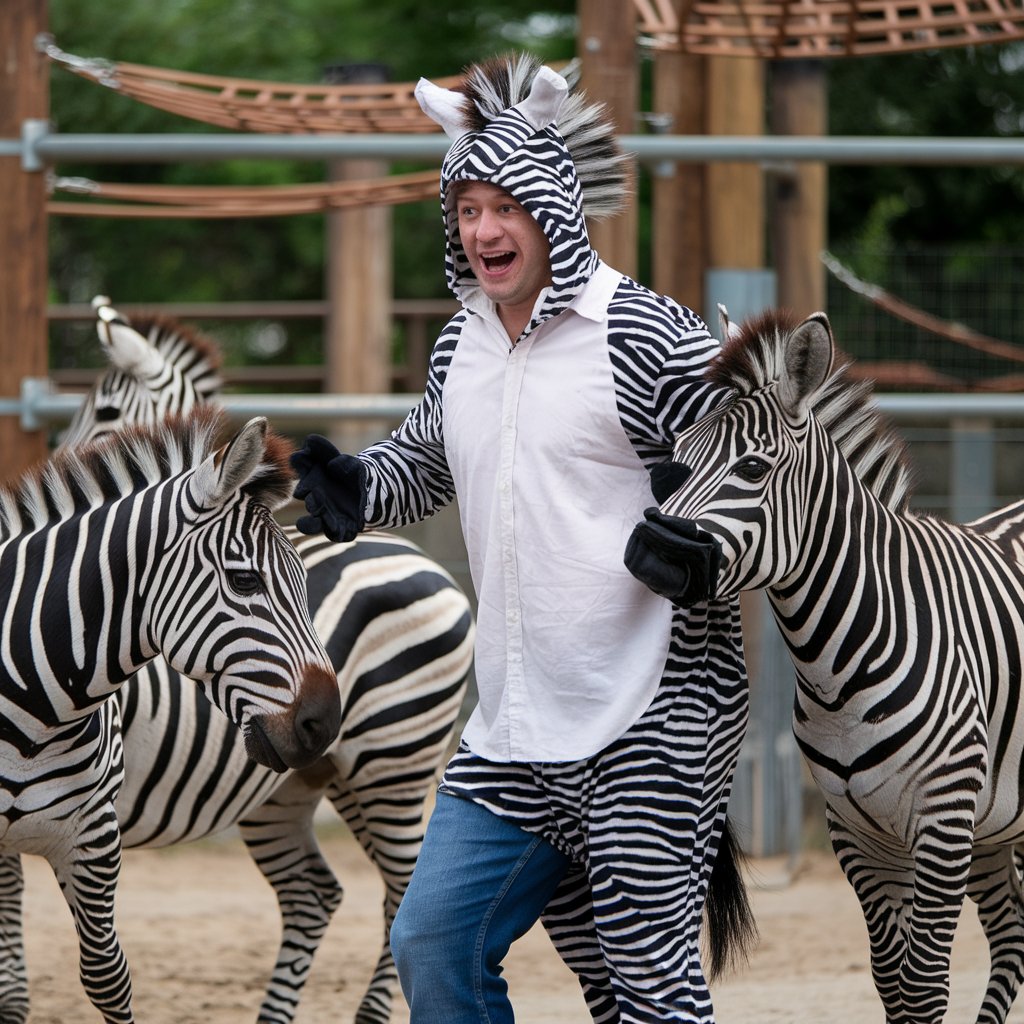 Kategorie um�lci, Mu� v kost�mu zebry mezi zebrami, martin Carev, ilustra�n� obr�zek