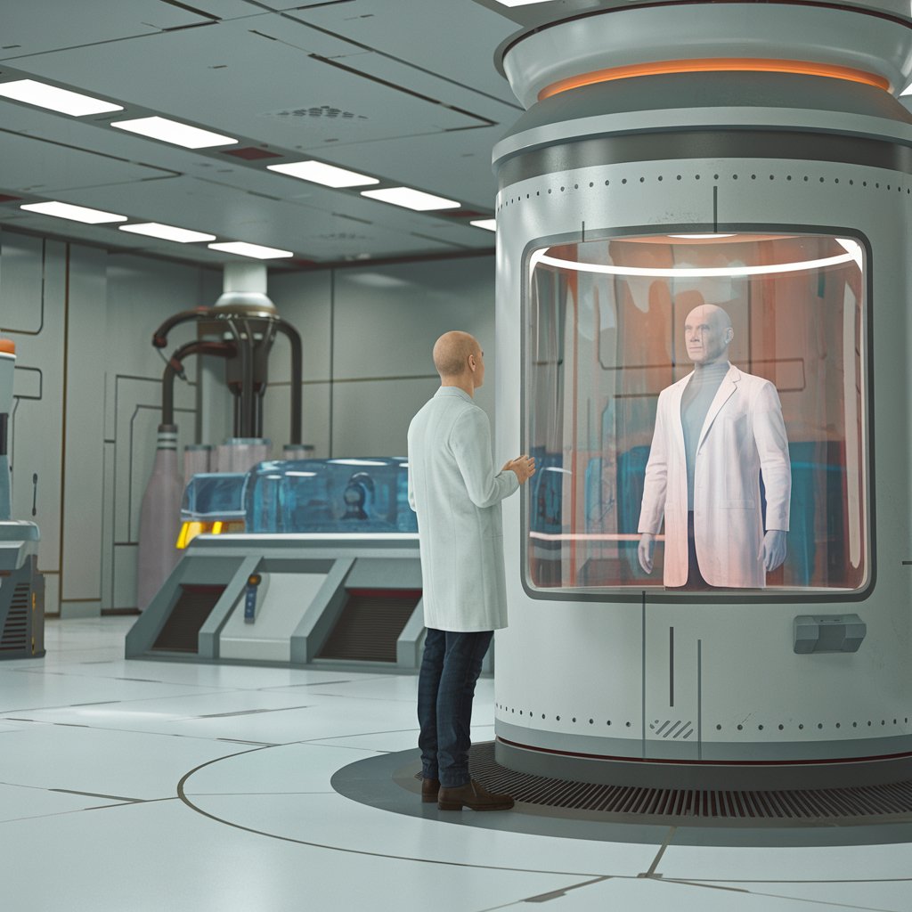 Kategorie věda, Laboratoř s klonem vědce v cylindru, věda, ilustrační obrázek Kategorie věda, Laboratoř s klonem vědce v cylindru, věda, ilustrační obrázek